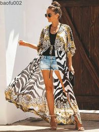 Casual Dresses Bikini Cover Up Chiffon Beach Kimono Women Leopard Printed Long Cape for Swimsuit Tunic Summer Beach Wear Factory Supply W0315