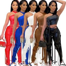 Summer Womens PU Leather Two Piece Pants Sets 2023 Designer Sexy Halter Hollow Out Crop Tops Vest And Bandage Trousers Suit