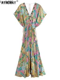 Casual Dresses Vintage Chic Women Peacock Floral Print Bat Sleeve Beach Bohemian Maxi Dresses Ladies V Neck Tassel Summer Rayon Dress W0315