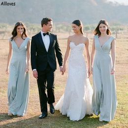 V Neck Rustic Country Bridesmaid Dresses Plus Size Simple Chiffon Pleated Long Girls Maid Of Honour Dress A Line Cap Sleeves Wedding Guest Party Formal Gowns CL2010