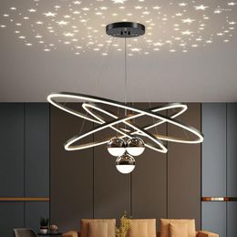 Chandeliers Black Modern Led For Living Room Kitchen Aluminum Hanging Pendant Lamps Remote Control Starry Sky Projection Lights