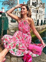 Casual Dresses Foridol Sleevelss Halter Maxi Summer Dress for Women Sexy Backless Beach Pink Boho Robe Femme 2023 Lace Up Sundress Floral Dress W0315