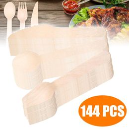 Dinnerware Sets 144pcs Disposable Wooden Cutlery Set Included 48pcs Forks Knives Spoons Dessert Utensils Tableware For Party Home Use