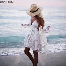 Casual Dresses Canwedance Sexy Backless Lace Halter Dress Summer femme V Neck Mini Party Dress Ruffle Lace Up Back Beach Sundress W0315