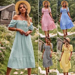 Party Dresses Lace Up Off Shoulder Pink Maxi Dress Gingham Long Women Elegant 3/4 Sleeve Spring Summer Cheque Vintage