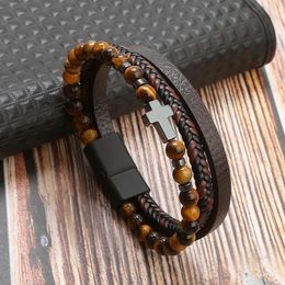 Bangle Trendy Beaded Bracelet Explosive Natural Stone Cross Stainless Steel Tiger Eye Men's Jewelry Gift