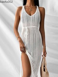 Casual Dresses Crochet Tunic Knitted Kaftan Sexy Backless Vestidos Hollow Out Robe Long Beach Dress Slit 2023 Outer Cover Women Cover-ups Swim W0315