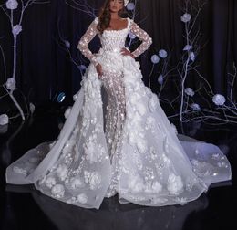 Exquisite Mermaid Wedding Dresses Long Sleeves Bateau Pearls Appliques Sequins Beaded Detachable Train Floor Length Bridal Gowns Custom Made abiti da sposa