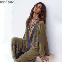 Casual Dresses Vestidos Boho Hippie Chic Vintage Floral Embroidery Cardigan Beach Trip 2019 Kimono Pareo Long Sleeve Cape Cover Maxi Dress W0315