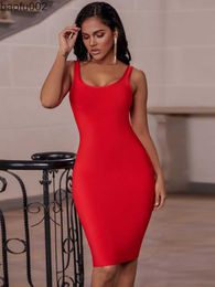 Casual Dresses Bandage Dress Red 2022 Summer Women's Midi Dress Bodycon Elegant Sexy High Quality Yellow Pink White Evening Party Dress Club W0315