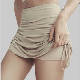 Skirts 2023 Women Summer Solid Color With Lining Short Skorts High Street Fashion Side Drawstring Bandage Ruched Skirt A569