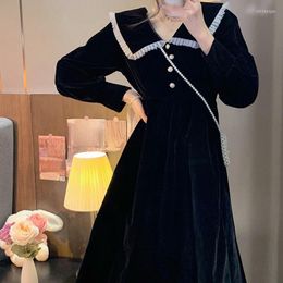 Casual Dresses Velvet Midi Dress Women Party Kawaii One Piece Korean Fashion Long Sleeve Black Vintage Y2k Lady Elegant 2023 Winter