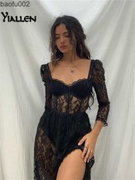 Casual Dresses Yiallen 2021 Y2k Fashion Party Vacation Beach Sexy Black Lace Long Dress Women's Spring Quarter Sleeve Mid-Calf Dresses Clubwear W0315