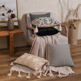 Pillow Handmade Tassel Flocking Cover 3D Plaid Embroidery Sofa Bed Decor Jacquard Pillowcase Lumbar