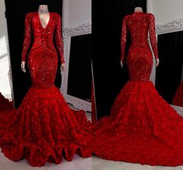 2023 Burgundy Lace Sequin Mermaid Prom Dresses Black Girls V Neck Long Sleeves Sweep Train Formal Evening Gowns Real Image BC15403 GJ0315