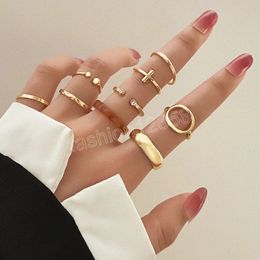 Gold Color Metal Vintage Rings Set for Women Cross Circle Resin Crystal Finger Ring Party Fashion Jewelry Gift