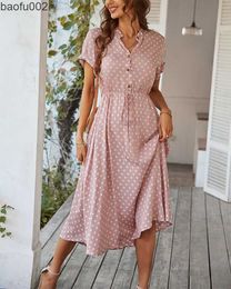 Casual Dresses Ladies Polka Dot Print Shirt Dress Women Casual Midi Holiday Summer Dress Female Loose Women Beach Dress Sundress Robe Vestidos W0315