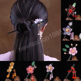 Chinese Hanfu Flower Pearl Long Tassel Step Shake Ancient Style Hair Forks Vintage Wooden Hair Stick Hair Clip Hair Accessories