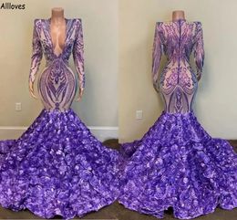 Lavender 3D Flowers Mermaid Prom Dresses With Long Sleeves Sexy Plunging V Neck Sequined Lace Evening Party Gowns Slim Fitted Plus Size Second Reception Dress CL2007
