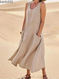 Casual Dresses Summer Women Sleeveless Sundress Elegant Round Neck Cotton Linen Solid Long Tank Dress Vintage Pockets Beach Vestidos W0315