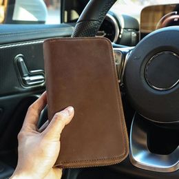 Wallets Top Genuine Leather Men's Wallet Retro Handmade For Men Zipper Purse Long Brown Thick Coin Phone Bag