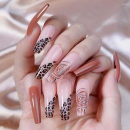 False Nails 24pcs Extra Long Ballerina Fake French Black Leopard Full Cover Art Press On With Jelly Stickers