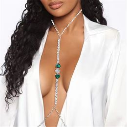 Festive Versatile Crossing Body Chain Sexy Double Green Hearts Super Shiny Full Diamond Neck Breast Chain Women's Jewelry Body Chains