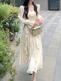 Casual Dresses 2022 Summer Fairy Pure Colour Midi Dress Woman Beach Style Long Sleeve Elegant Dress Casual Party Korean Fashion Dress Design W0315