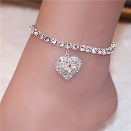 Festive Versatile Rhinestone Anklet Chains Full Diamond Personality Love Heart Feet Chain European and American Accessory Girl Body Chain 2PCS/Set