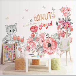 Wallpapers Modern Simplicity Children's Room Background Wall Paper 3D Watercolour Cute Cartoon Kitten Flower Mural Wallpaper For Kids