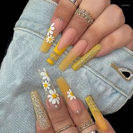 False Nails 24pcs/Set Beauty Flower Long Gold Glitter Ballerina Artificial Nail Art Yellow Gradient Press On Full Tips