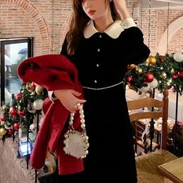 Casual Dresses Velvet One Piece Dress Korean 2023 Evening Party Women Long Sleeve Black Vintage Patchwork Elegant Clothes