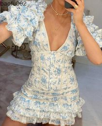 Casual Dresses High Quality 2022 Ruffle Light Blue Women Mini Dress W0315