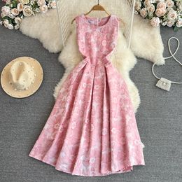 Premium Jacquard Tank Top Long Dress 2023 Summer Light Luxury Temperament Round Neck Sleeveless Waist Slim A-line Dress