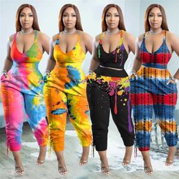 Plus Large 3xl 4xl 5xl Women Tracksuits Sexy Scoop Neck Sling Two Piece Outfits Casual Fashion Tie-dye Splash-ink Two-piece Suit