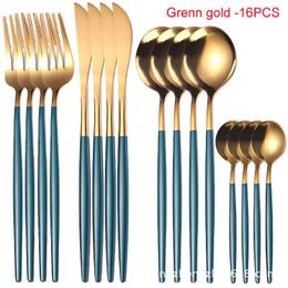 Dinnerware Sets 16pcs Green Gold Tableware Set 304 Stainless Steel Cutlery Mirror Fork Knive Spoon Home Dinner Drop