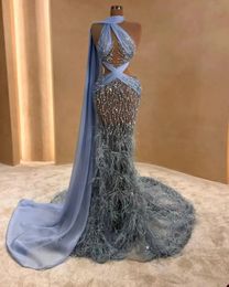Mermaid Prom Dresses Sleeveless V Neck Halter Appliques Sequins Floor Length Beaded Hollow Diamonds Feather Train Evening Dress Bridal Gowns Plus Size Custom Made