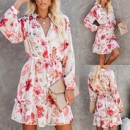 Casual Dresses 2023 Spring And Autumn Sexy V-neck Collect Waist Floral Dress For Woman Knit Skirt Charm Pink White