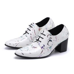 Men's Shoes 7cm High Heels Lace-up Pointed Toe Genuine Leather Dress Shoes Men White Wedding and Party Footwear