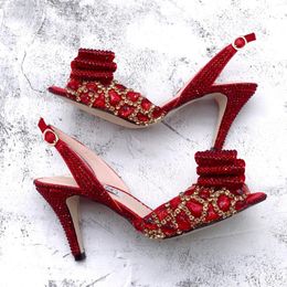 Dress Shoes CHS1530 Custom Made Women Pumps Bridal Wedding Slingbacks Red Crystal Sandals