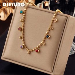 Chokers DIEYURO 316L Stainless Steel Multicolor Crystal Zircon Necklace For Women Fashion Lady Ball Chain Wedding Party Jewellery Gifts Y2303