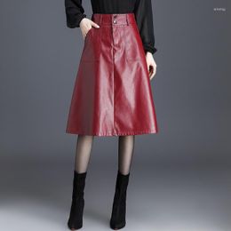 Skirts Winter And Autumn Women Mid-length A-line PU Leather Skirt Pockets Wine Red Colour 4XL Avaliable Faldas Largas Mujer 2023