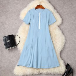 Summer Short Sleeve Round Neck Dress Sky Blue Solid Color Panelled Knee-Length Elegant Casual Dresses 22Q222005