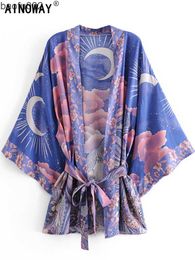 Casual Dresses Boho Vintage Star and Moon Floral Print Sashes Women Bohemian V Neck Batwing Sleeves Happie Short Robe Kimono Dress Cover-ups W0315