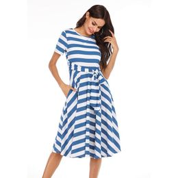 Casual Dresses Short Sleeve Stripe Midi Dress Women A Line Party Blue Striped Clothing Summer Vintage Rockabilly Vestidos
