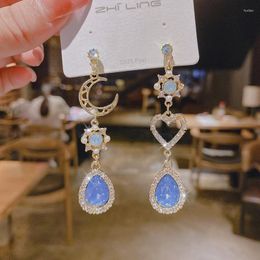 Dangle Earrings Exquisite Elegant Love Zircon Asymmetric Temperamental Fashion Sea Blue Rhinestone Crystal Pendant