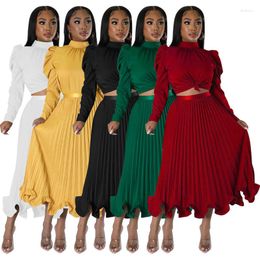 Women's Streetwear Skirt set - Solid Color Bubble Sleeve O-Neck T-Shirt with Pleated Half Umbrella for Gentle Temperament in Autumn
