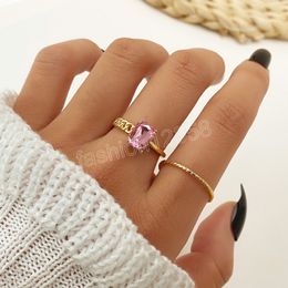 Vintage Pink Crystal Rings for Women Gold Colour Chain Metal Finger Rings Set Minimalist Ring Fashion Jewellery