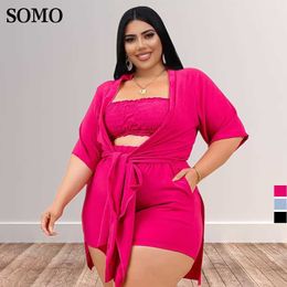 Plus Size Dresses Elegant Solid Colour Lace Up Summer Outfits Women Sexy Tube Top Three Piece Short Sets Wholesale Dropshipping 230307