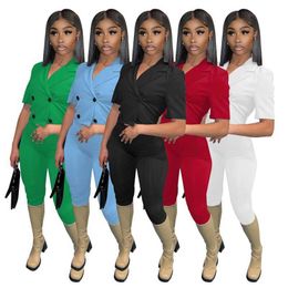 Women Clothes Tracksuits Fashion Sexy Two Piece Outfits Ladies Small Suit Short Sleeve Tops Trousers Two-piece Double Breasted